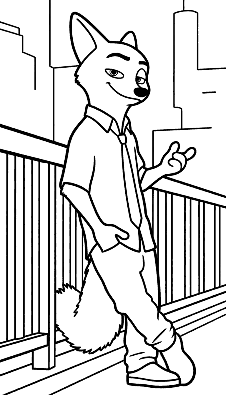 nick wilde cool pose zootopia city view line art