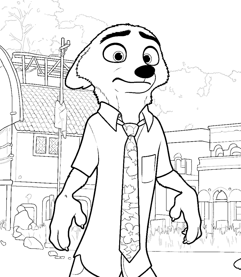 nick wilde floral tie style zootopia street walk line art