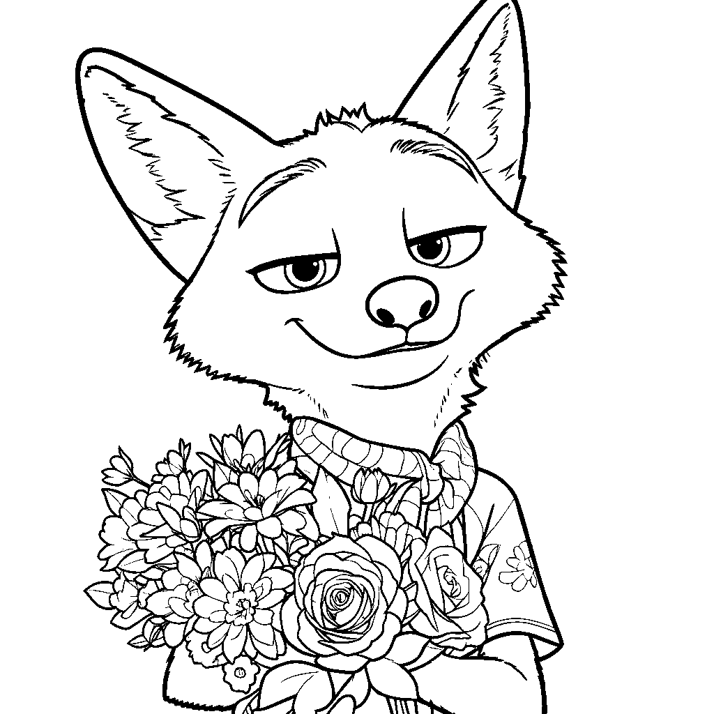 nick wilde flower bouquet line art