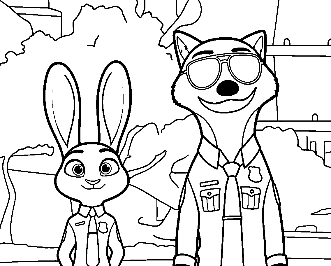 nick wilde in sunglasses and judy hopps police line art