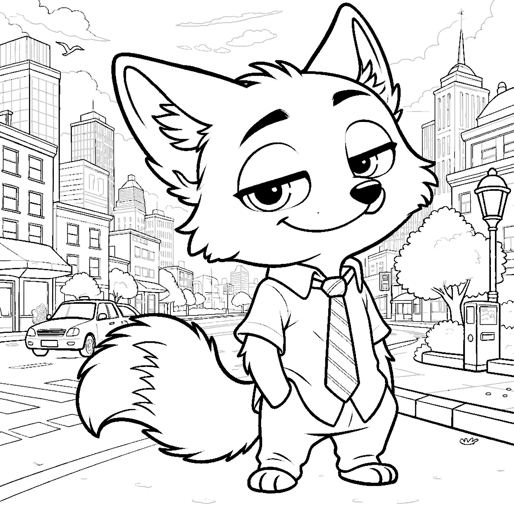 nick wilde in zootopia city street line art