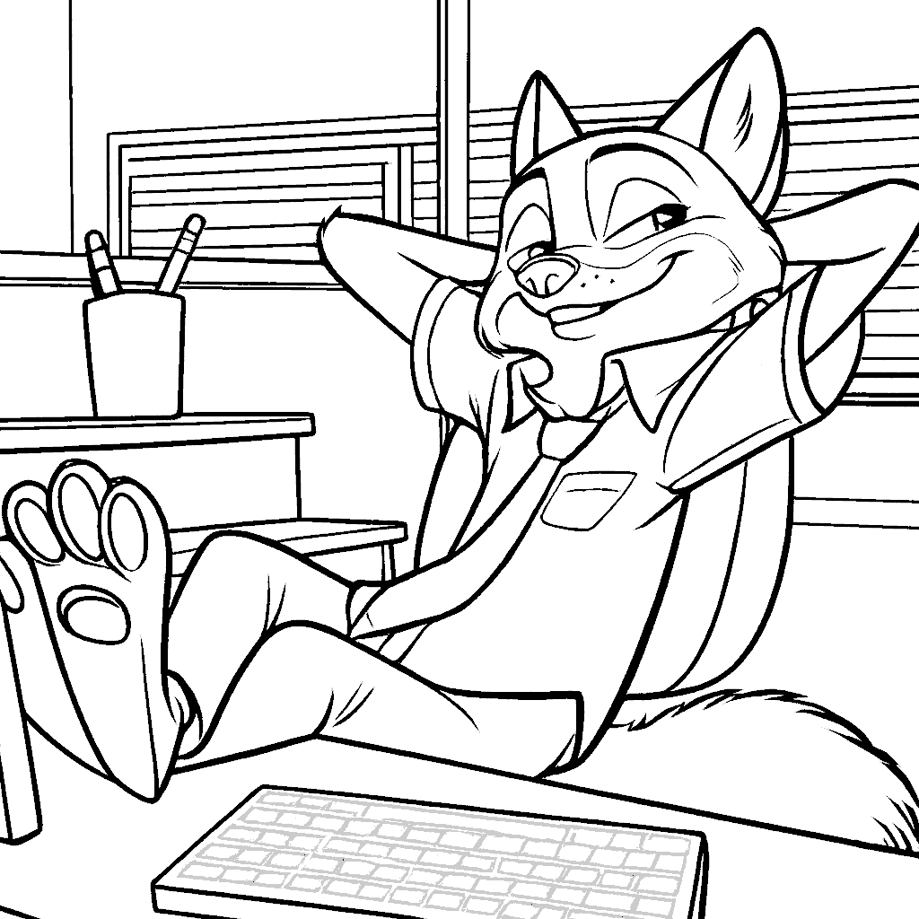 nick wilde relaxing at office desk zootopia line art