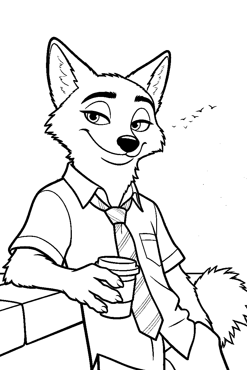 nick wilde relaxing with coffee cup line art