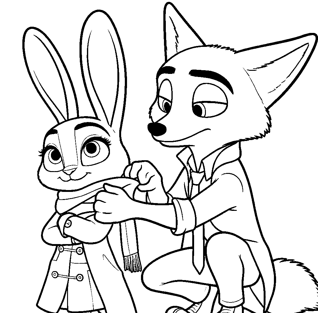 nick wilde wrapping scarf around judy hopps line art