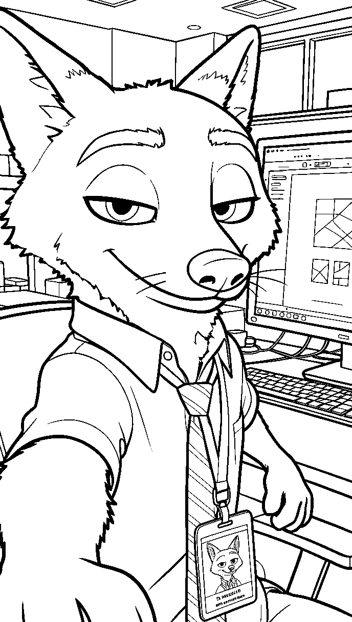 nick wilde zootopia office selfie line art