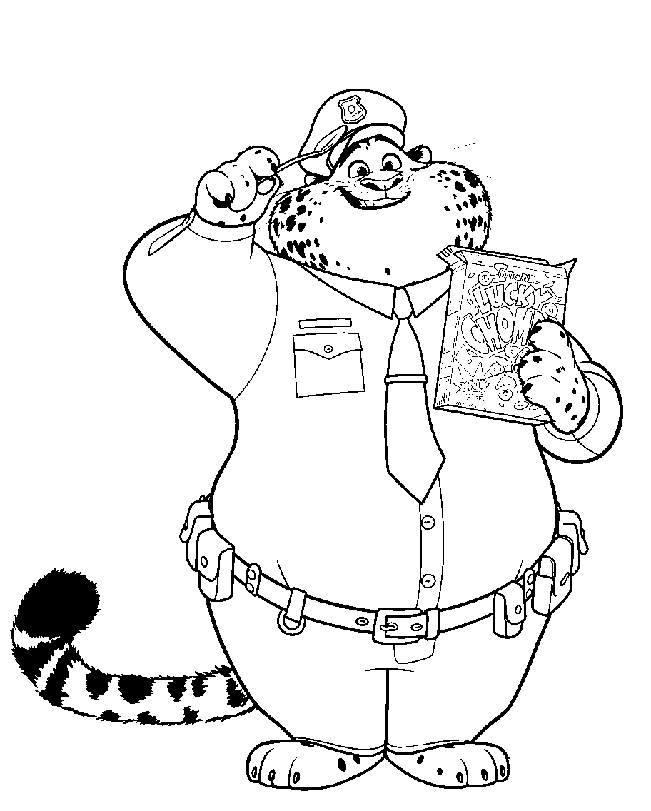 officer clawhauser eating lucky chomps cereal line art