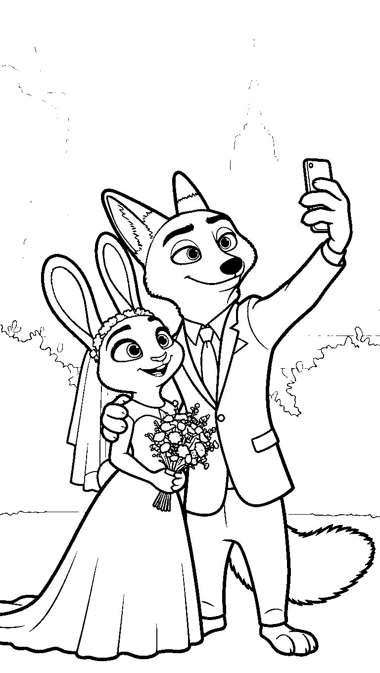 romantic nick and judy wedding selfie line art