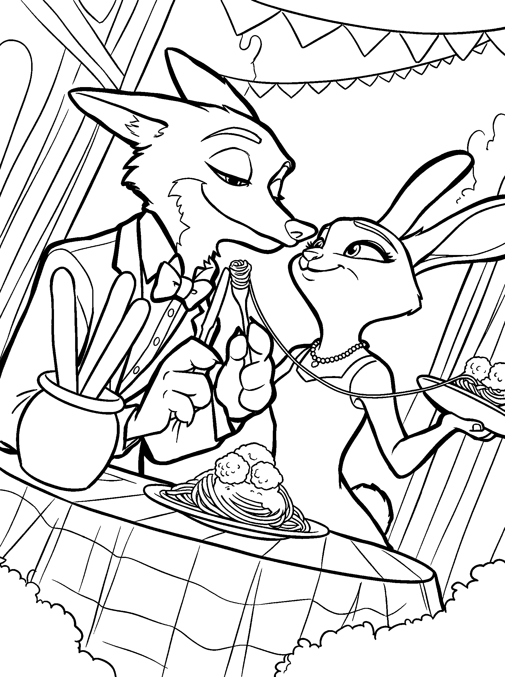 romantic spaghetti dinner with nick wilde and judy hopps zootopia line art