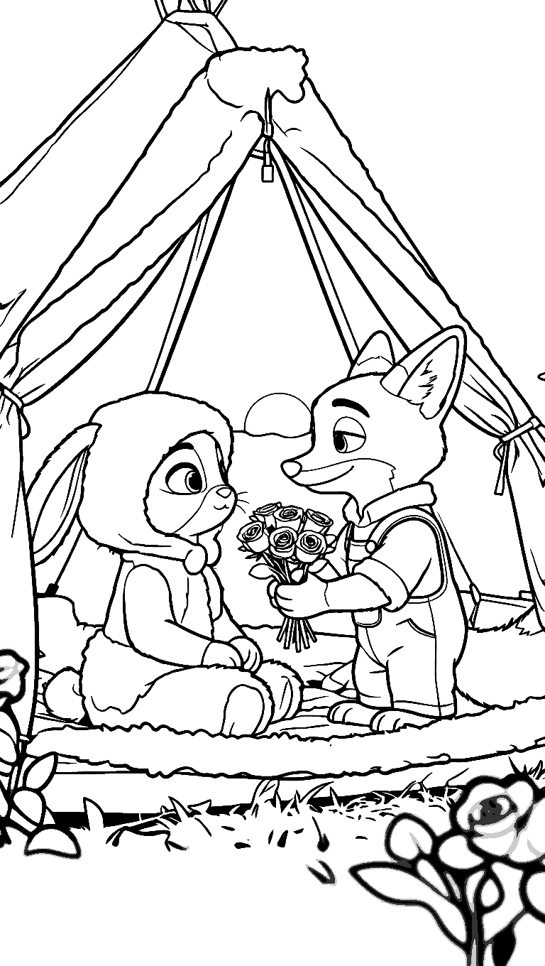 teepee date night zootopia nick giving roses to judy line art