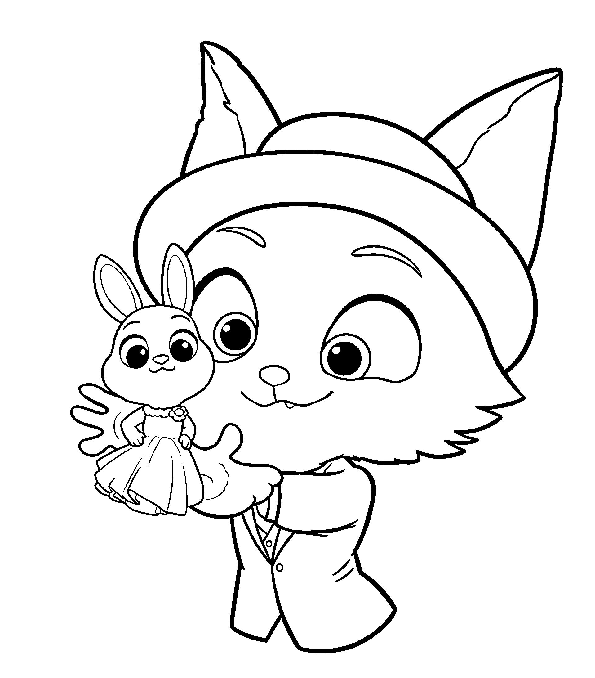 young nick wilde holding judy hopps doll zootopia line art