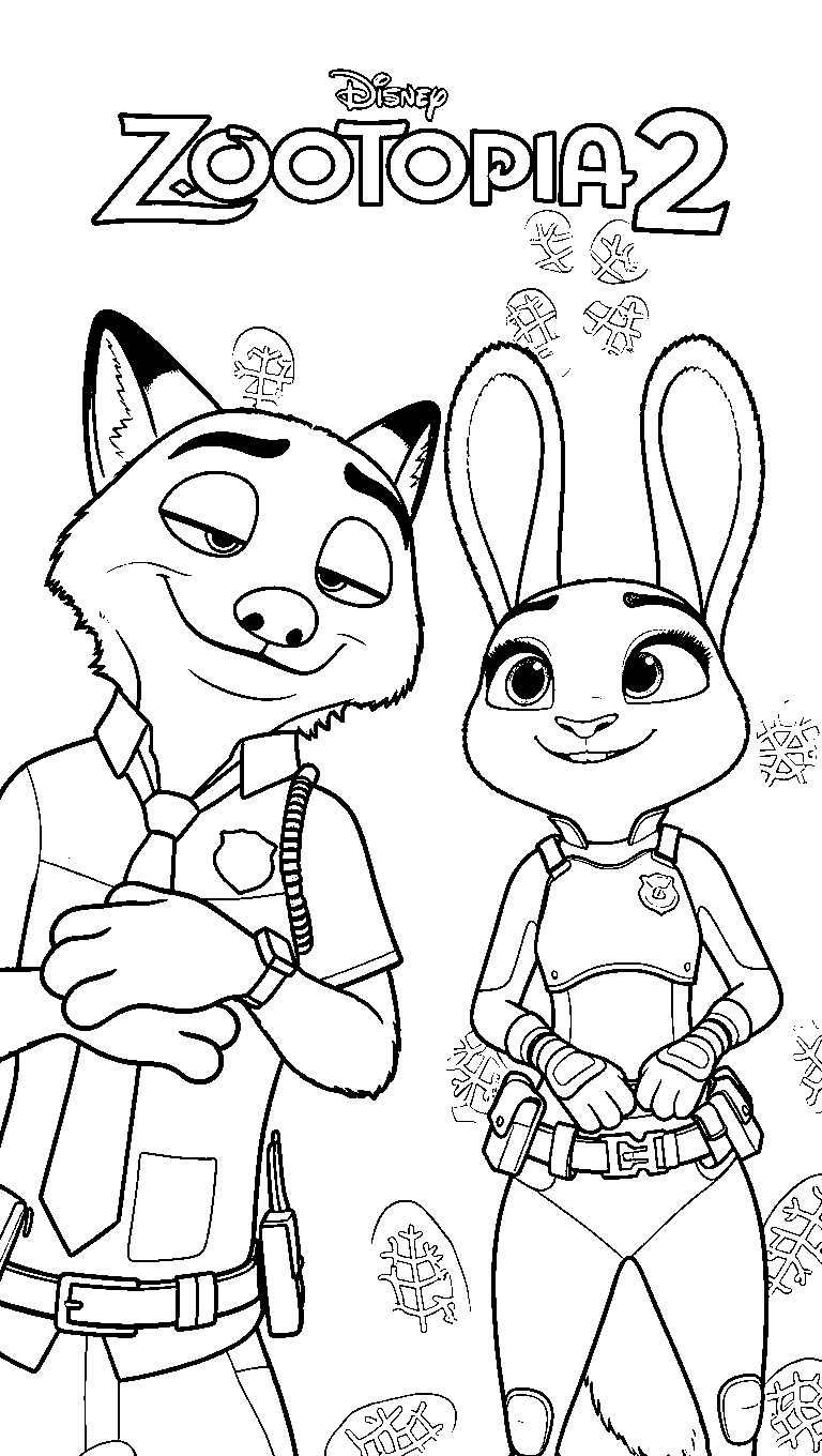 zootopia 2 movie logo with nick wilde and judy hopps line art