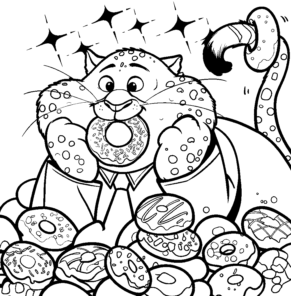 zootopia clawhauser and a giant pile of donuts line art