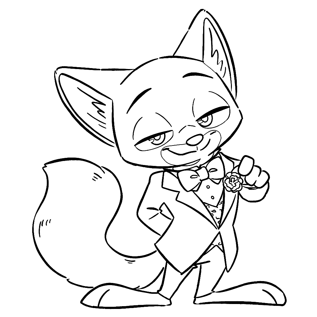 zootopia dapper fox nick wilde in a classy tuxedo line art