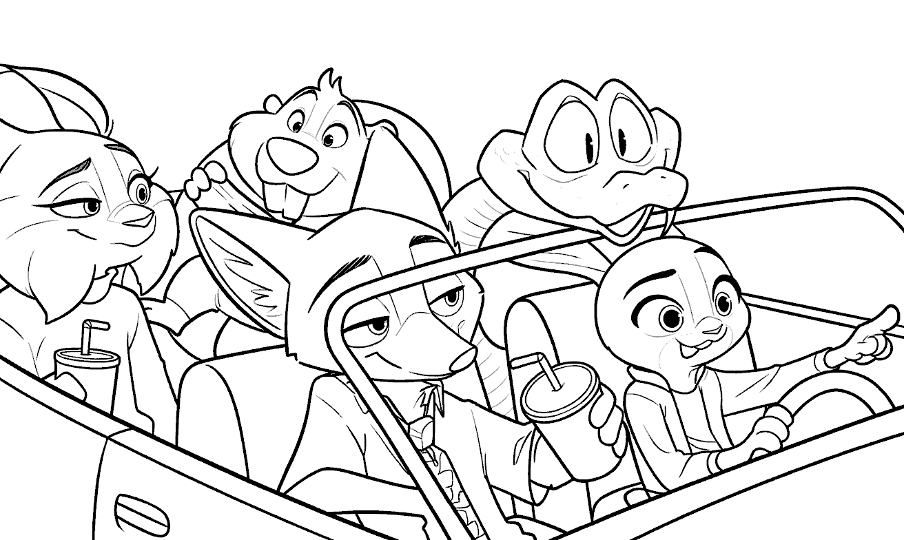 zootopia friends car ride nick judy gary nibbles and pawbert line art