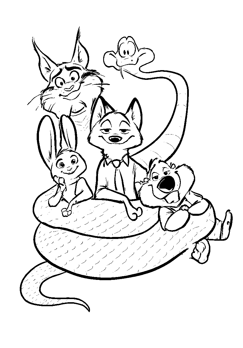 zootopia friends group hug with gary de snake line art