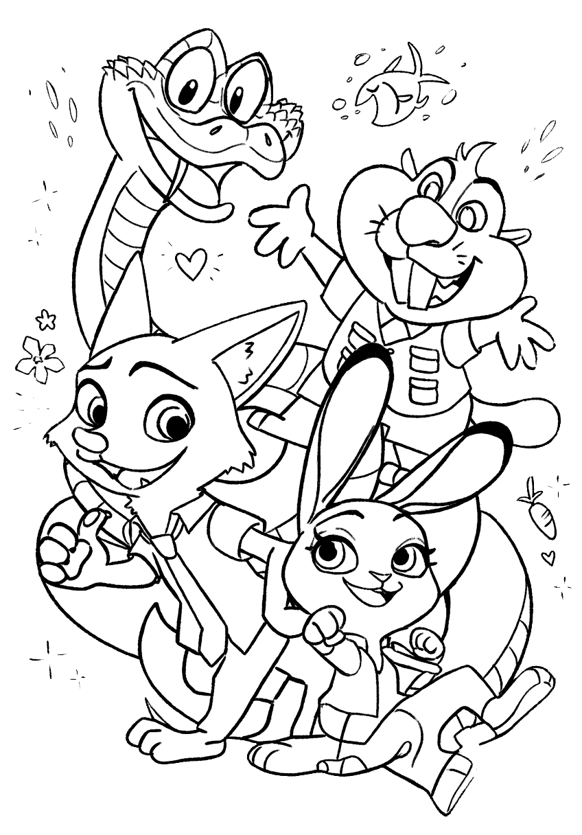 zootopia friends nick judy gary and nibbles line art