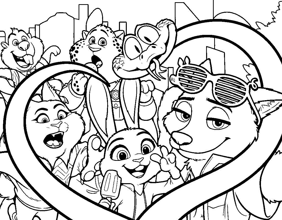 zootopia heart frame selfie with nick judy and friends line art