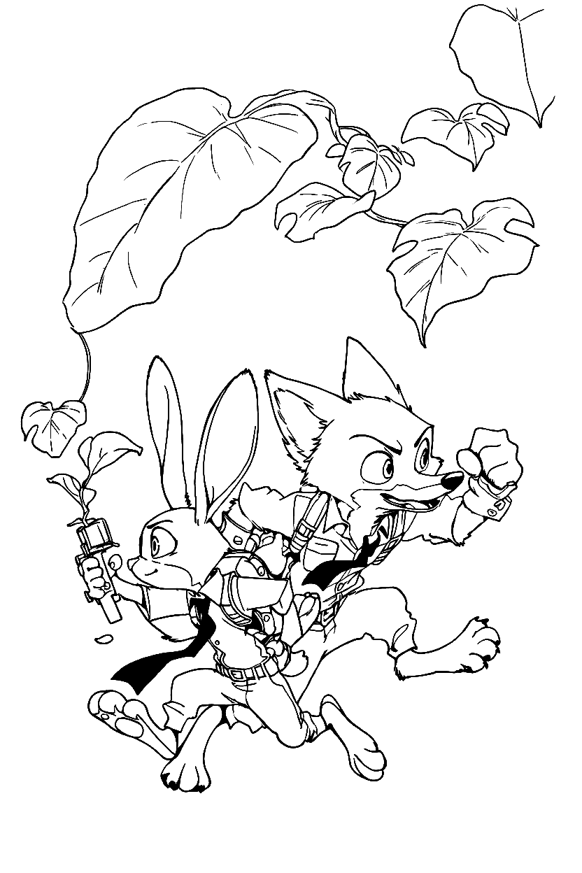 zootopia judy and nick action chase giant plant adventure line art