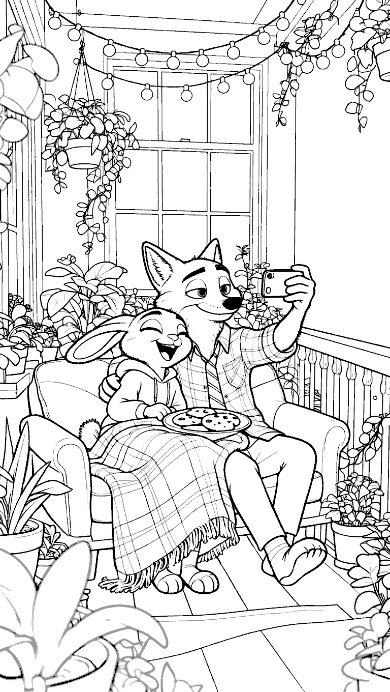 zootopia judy and nick selfie on balcony cozy garden line art