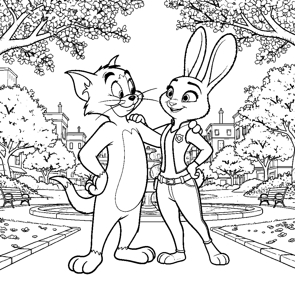zootopia judy hopps and tom cat park detective crossover line art