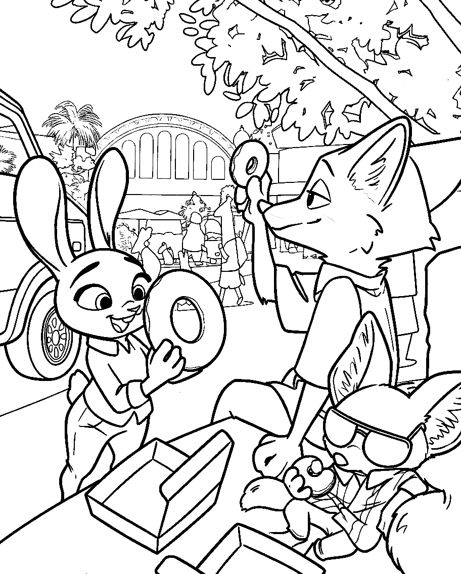 zootopia judy nick and finnick donut shop break line art