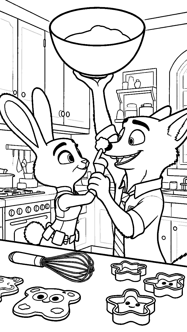zootopia kitchen chaos nick and judy baking cookies line art