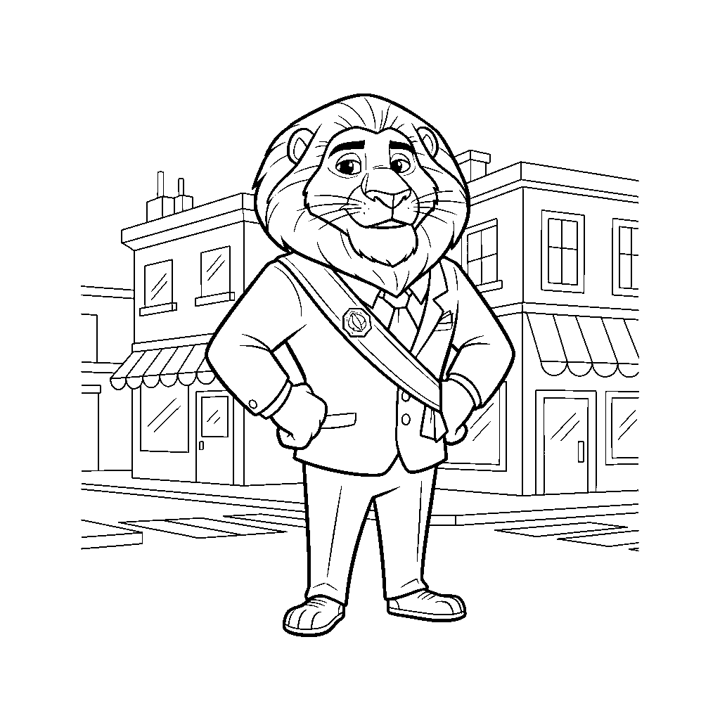 zootopia mayor lionheart being brave near city shops line art