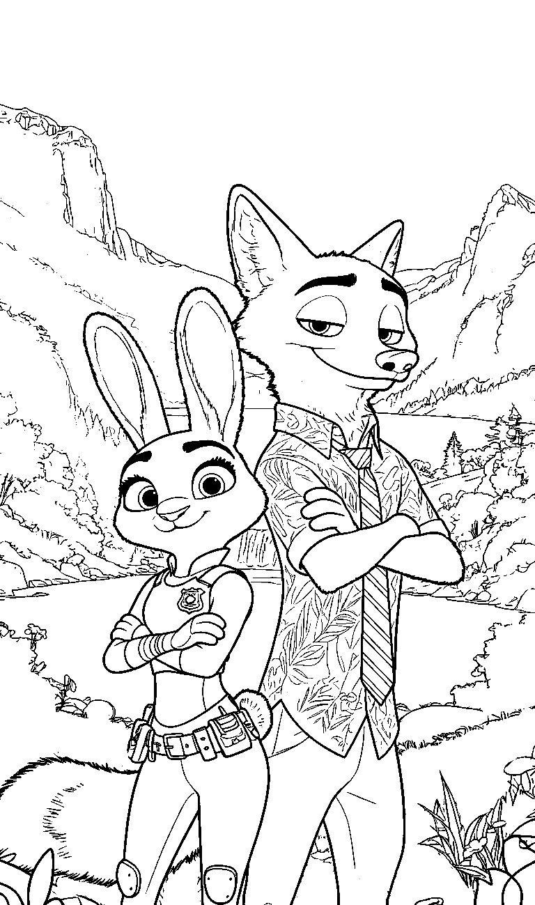 zootopia mountain adventure nick and judy waterfall line art
