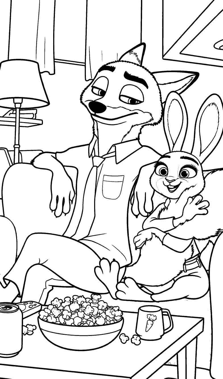 zootopia movie night nick and judy relaxing line art