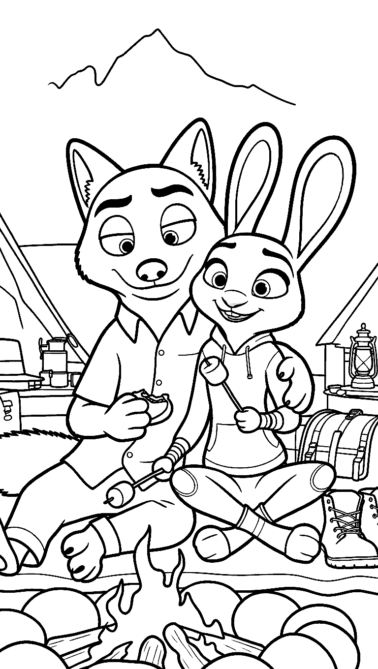 zootopia nick and judy camping adventure marshmallows by the fire line art