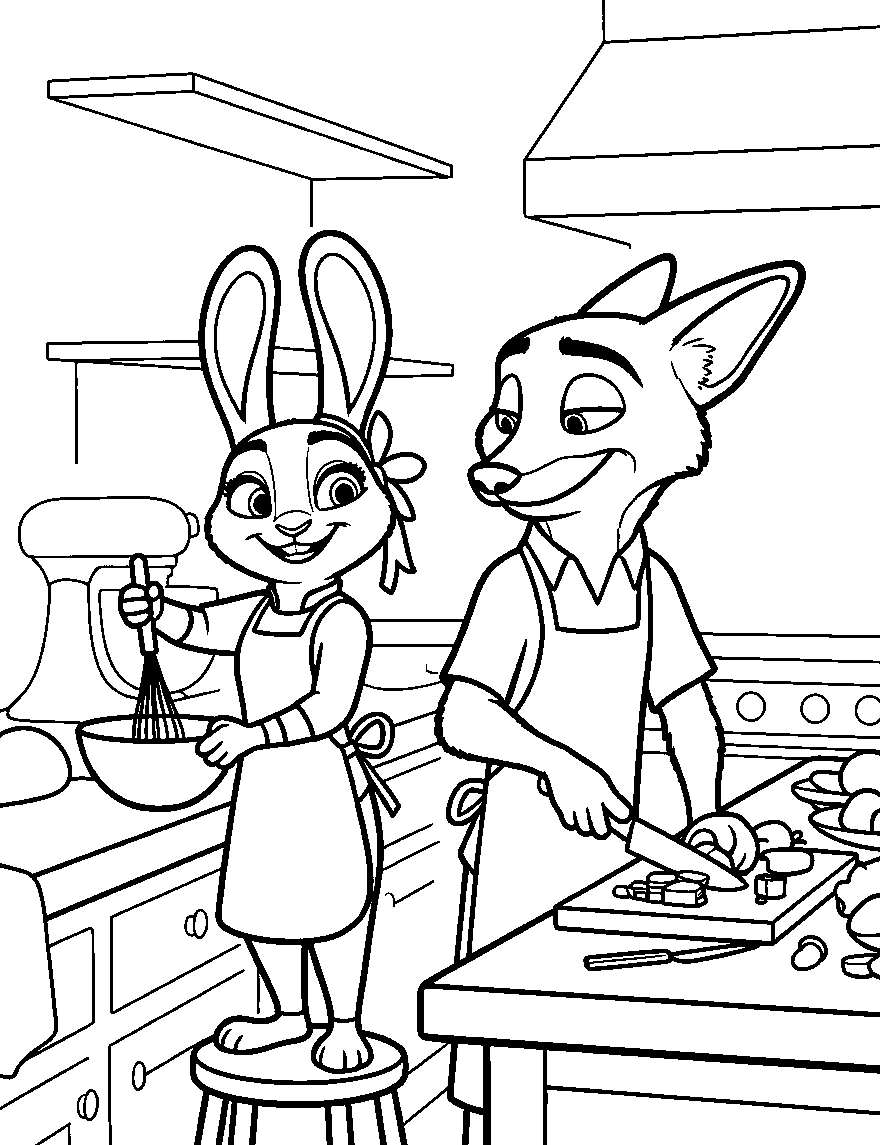 zootopia nick and judy kitchen cooking line art