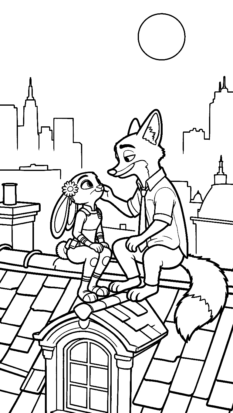 zootopia nick and judy rooftop sunset romantic city view line art