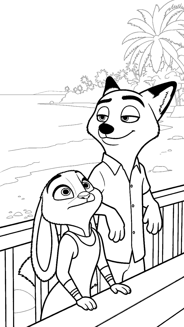 zootopia nick and judy tropical selfie line art