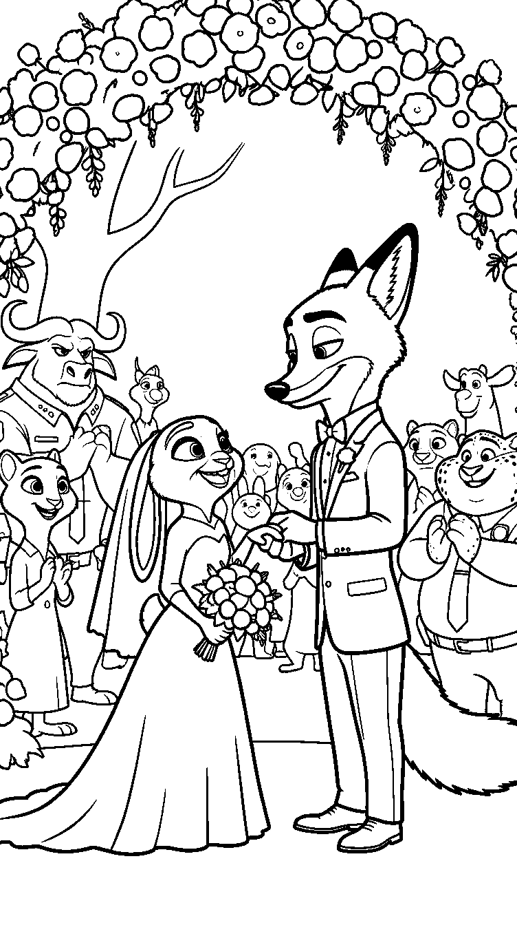 zootopia nick and judy wedding ceremony royal fox and rabbit line art