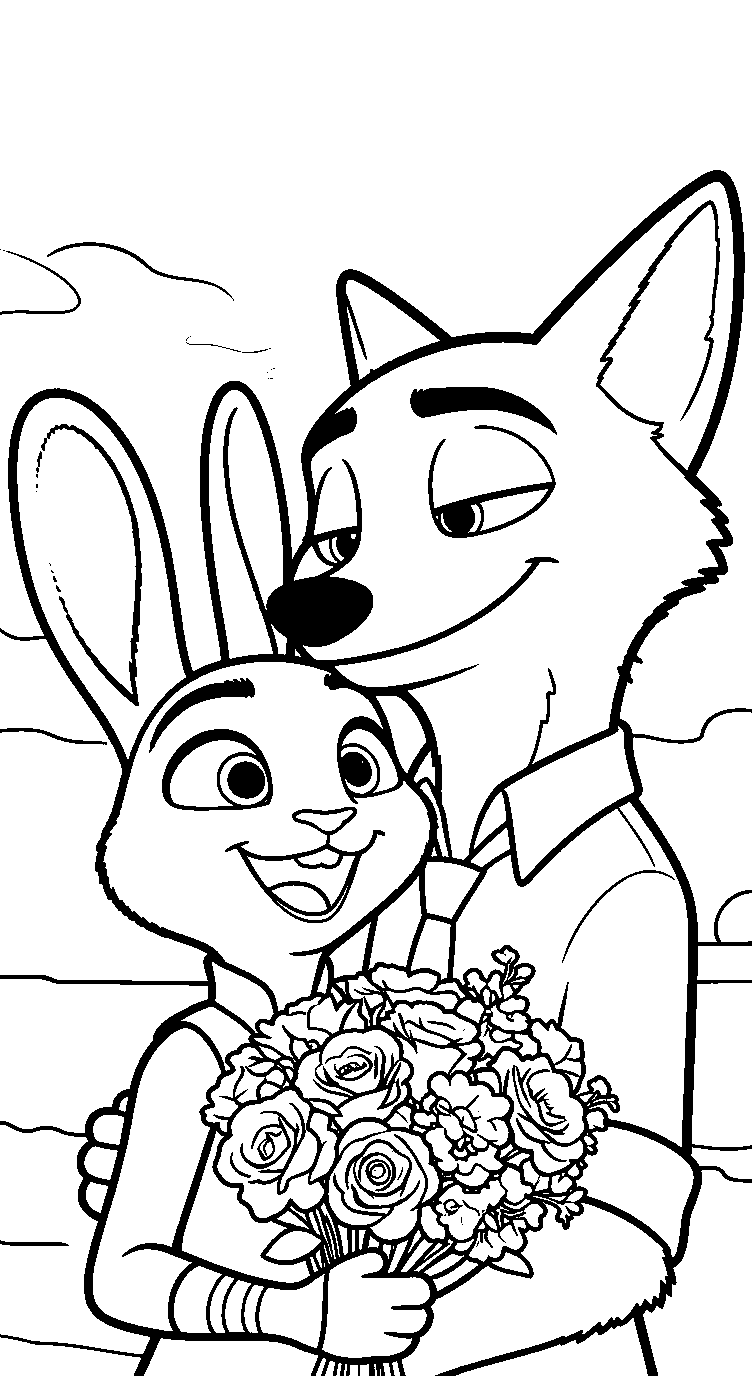 zootopia nick and judy with flower bouquet line art