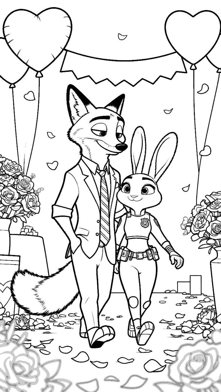 zootopia nick wilde and judy hopps elegant ball and rose aisle line art