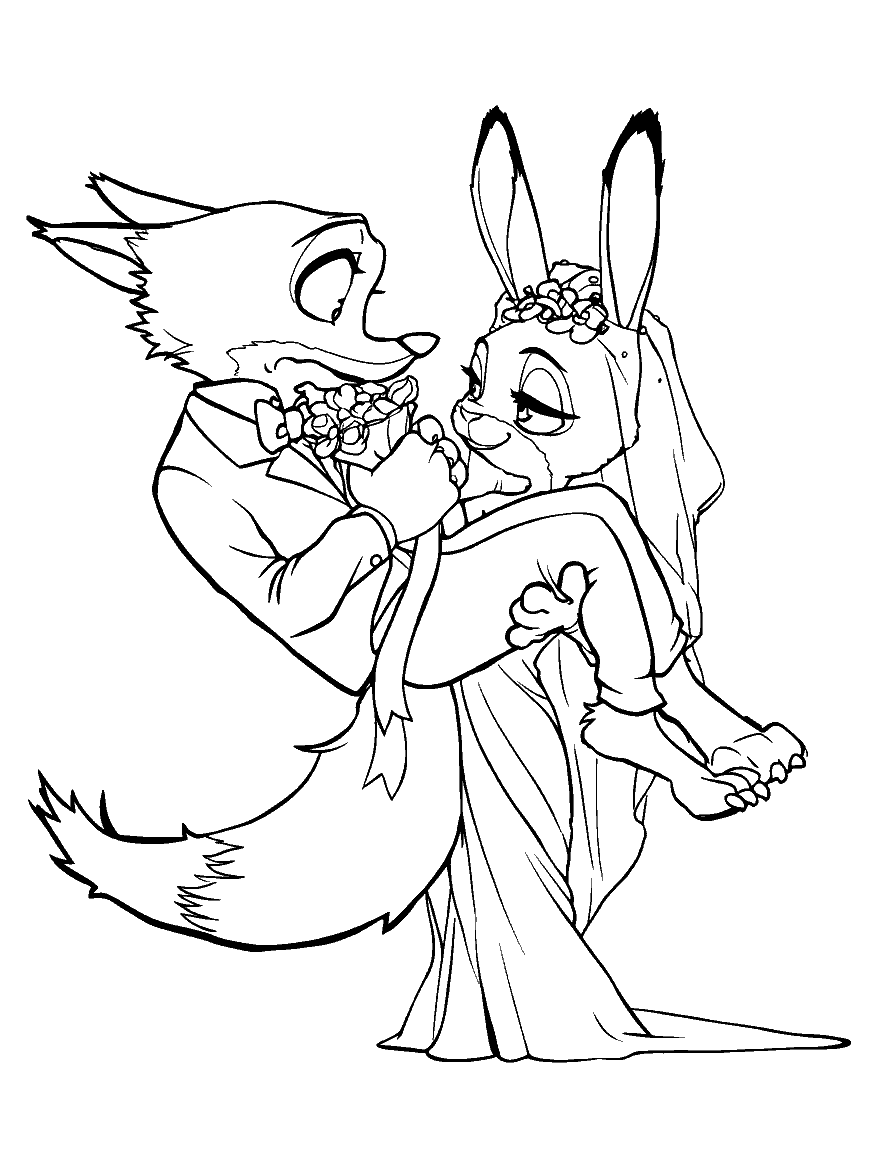 zootopia nick wilde carrying bride judy hopps line art