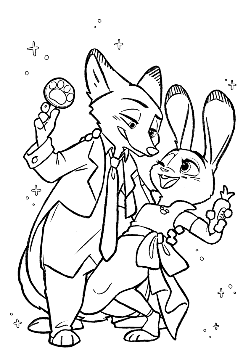 zootopia nick wilde elegant dip with judy hopps pawpsicle moment line art