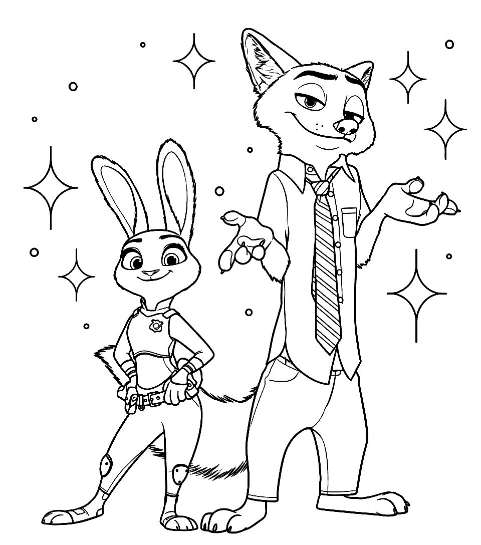 zootopia nick wilde shrug and judy hopps pose sparkling partners line art