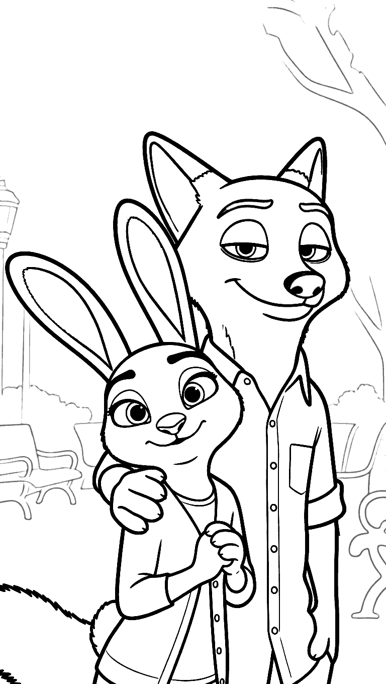 zootopia partners nick and judy park selfie line art