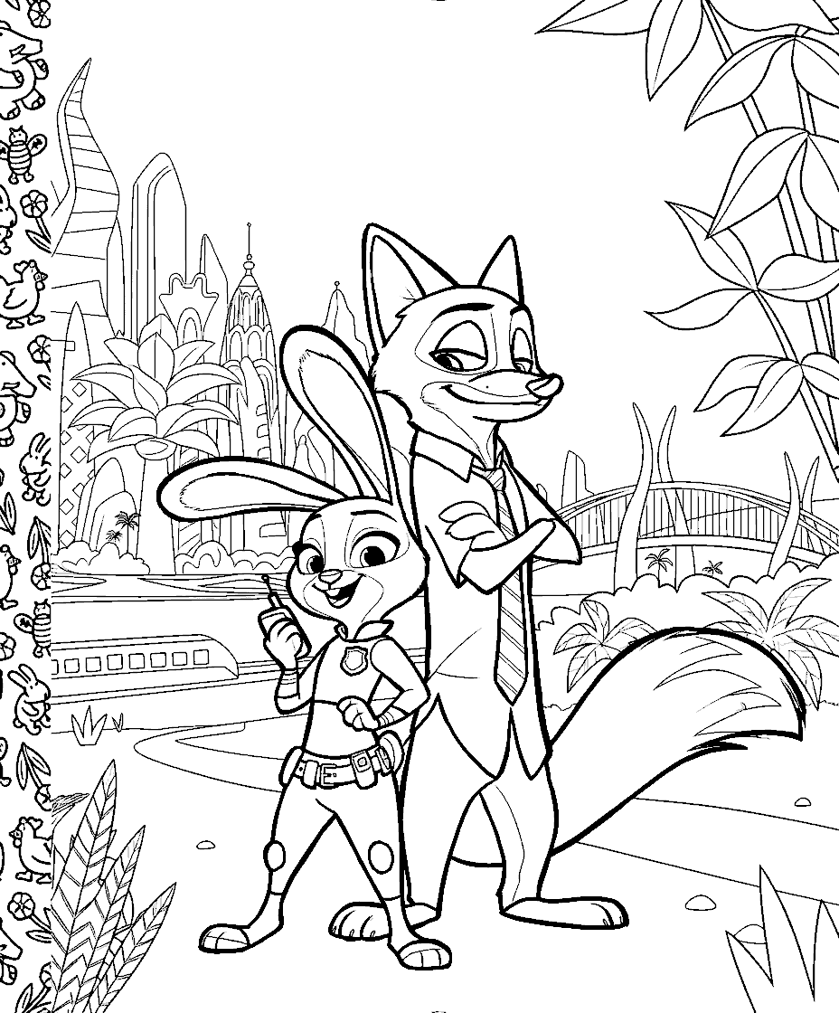 zootopia partners nick and judy scenic city skyline line art
