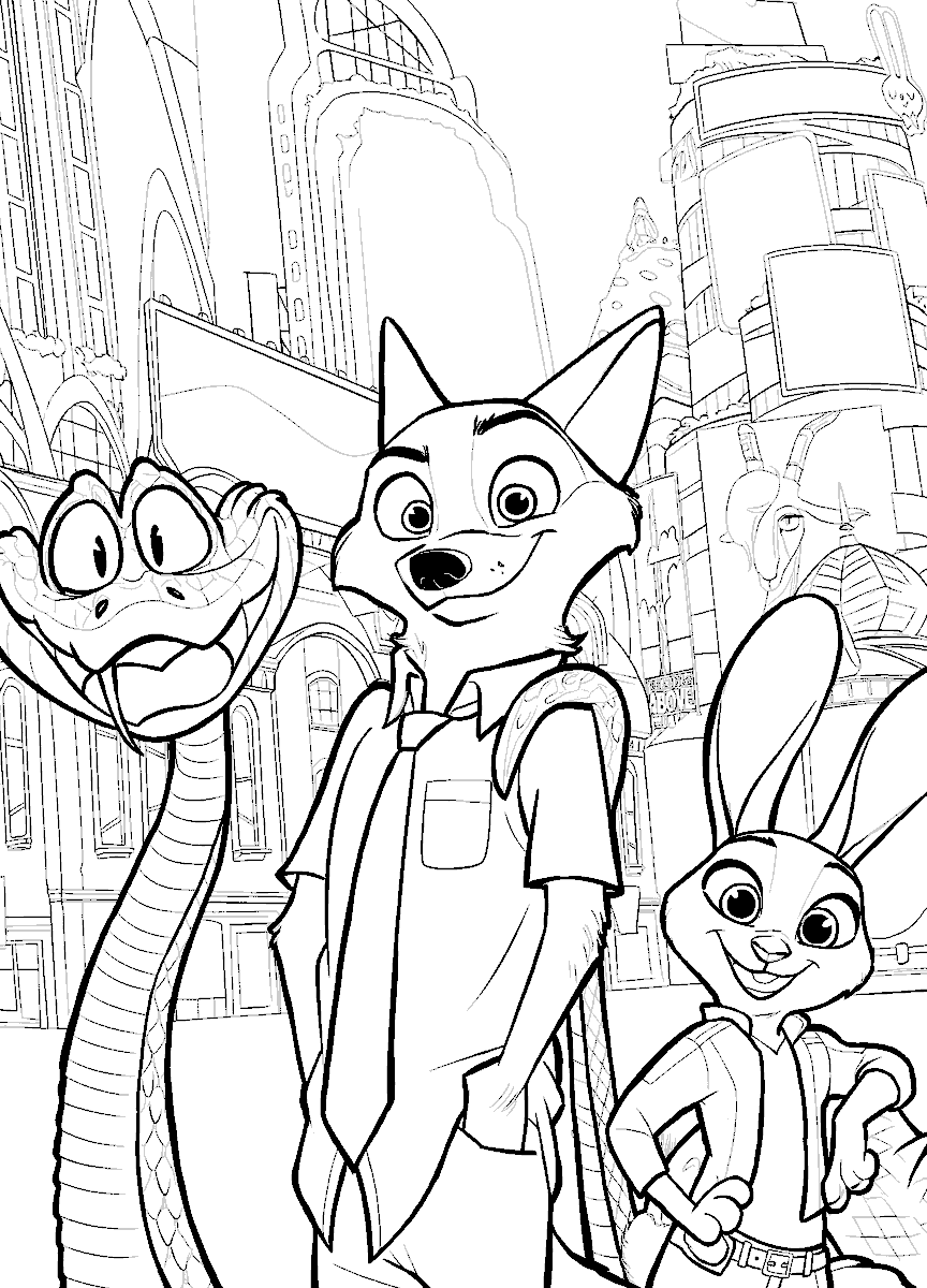 zootopia partners nick and judy with gary de snake line art