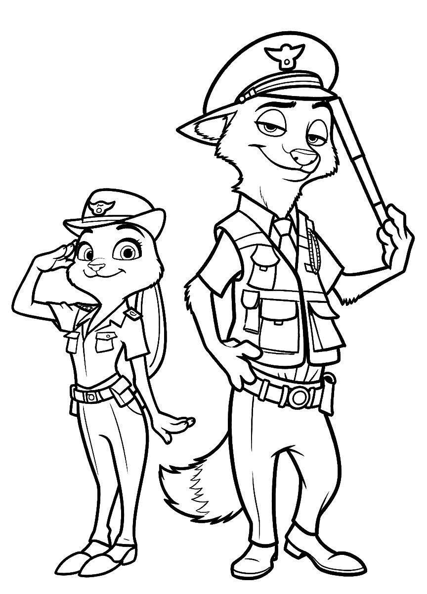 zootopia police partners nick and judy salute line art