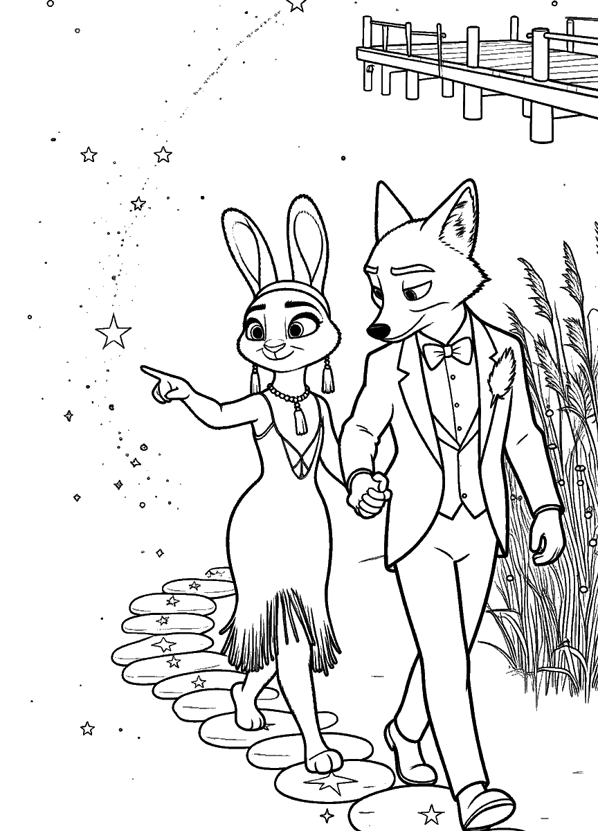 zootopia starry night stroll judy and nick in tuxedo and dress line art