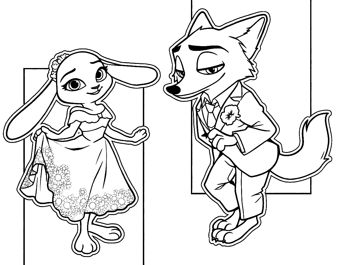 zootopia wedding day nick wilde and judy hopps formal attire line art