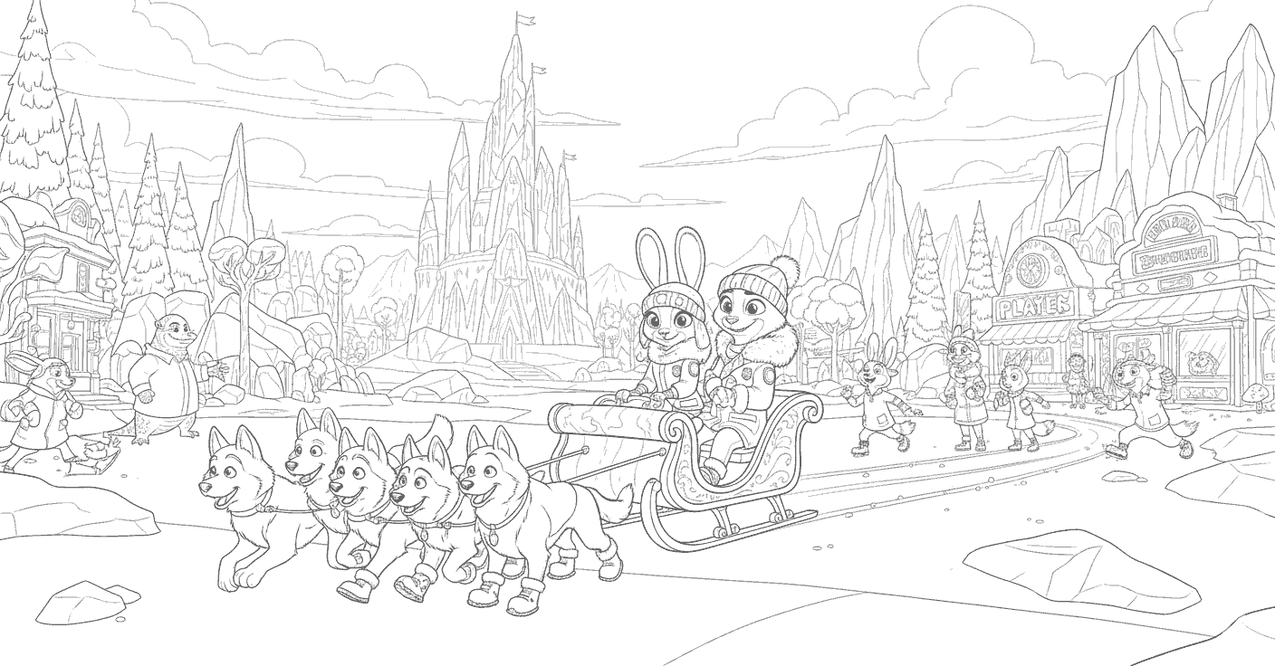 zootopia winter sleigh ride line art